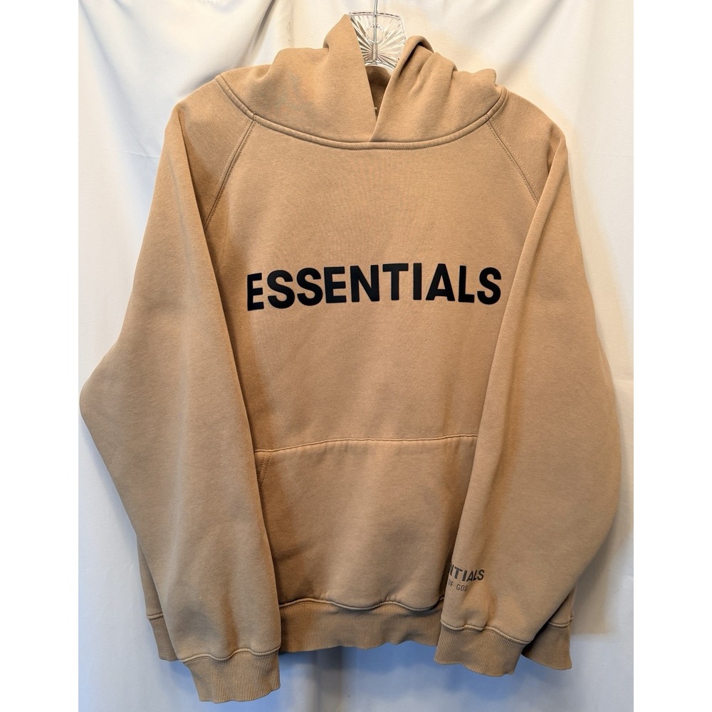 Essentials Fear of God Hoodie Men's Large Tan Pullover Sweatshirt Spellout Logo